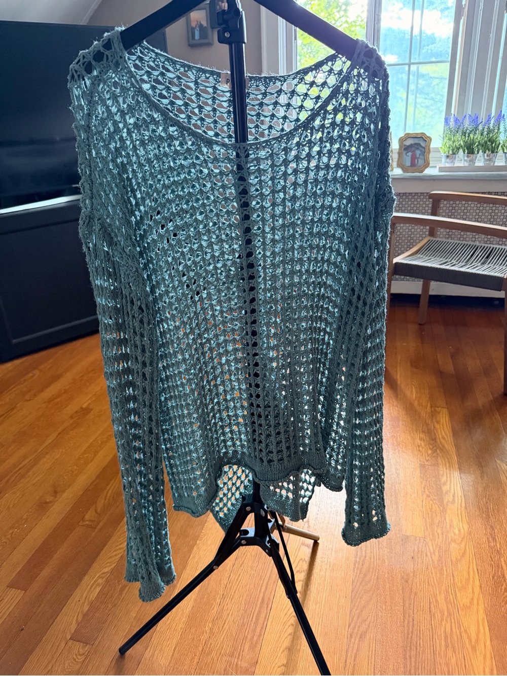 POL Open-Knit Scoop Neck Sweater in Teal Green